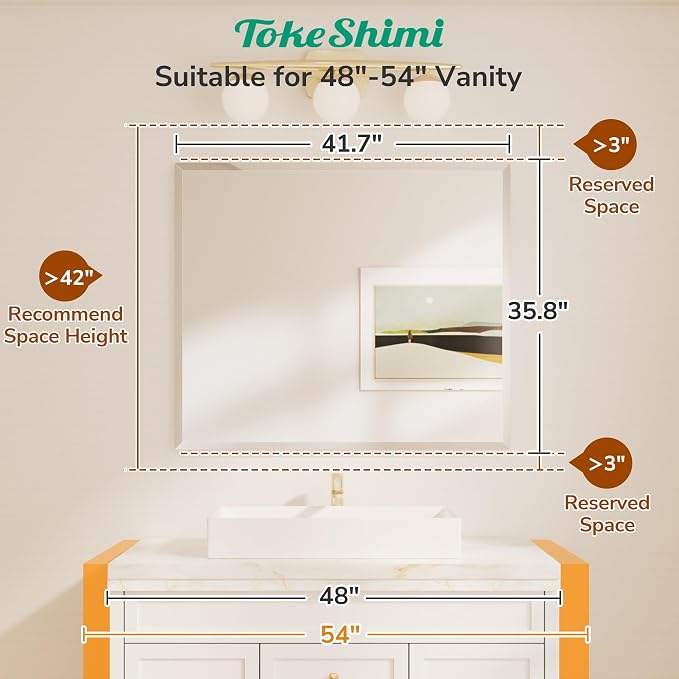 42x36 Beveled Bathroom Mirror Frameless Rectangular, Bathroom Vanity Mirrored with 1" Beveled Edge, Shatterproof Modern Frameless Mirror Rectangle for Living Room, Entryway, Restroom