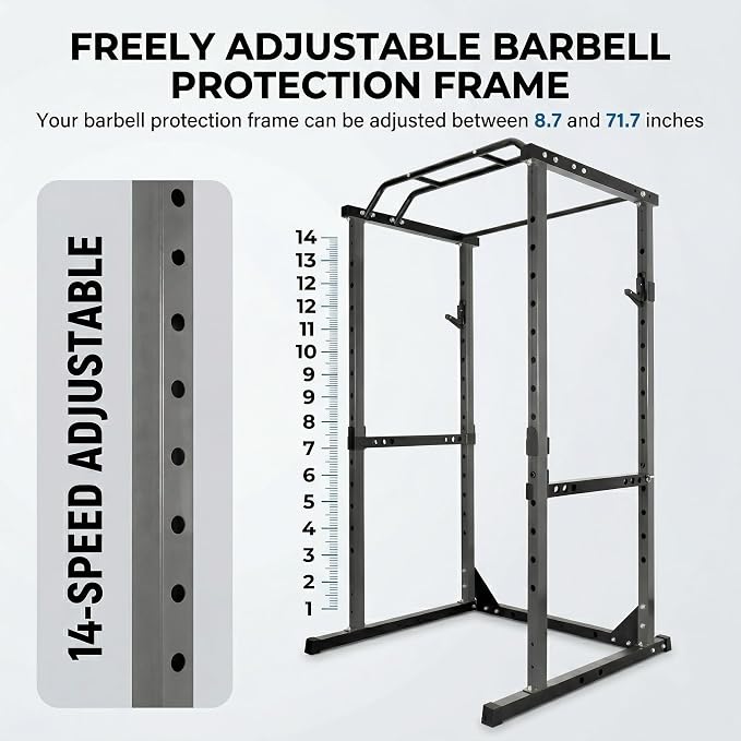 Squat Rack with Protection Arm, 1200 Lbs Capacitys All in One Power Cage, 44.3 x 45.6 x 81.5 Inch, 14.0 sq.ft Footprint Adjustable Fitness Power Gym Cage for Home Gym