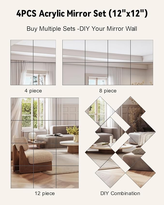 Full Length Wall Mirror Tiles, 12'' x 12'' x 4PCS, Acrylic Unbreakable Full Body Mirror for Bedroom Squares Shatterproof Mirror Sheets Wall Mounted for Home Gym Door Plexiglass Mirrors Safe for Kids