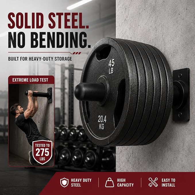 Wall Mounted Weight Plate Holder, 4 Pack, with 1 Pack Barbell Hanger | Fits 2" Weight Plates, Heavy-Duty Steel, Smooth End, Protective Rubber Pad, Space Saving for Home Gym Garage Organizer