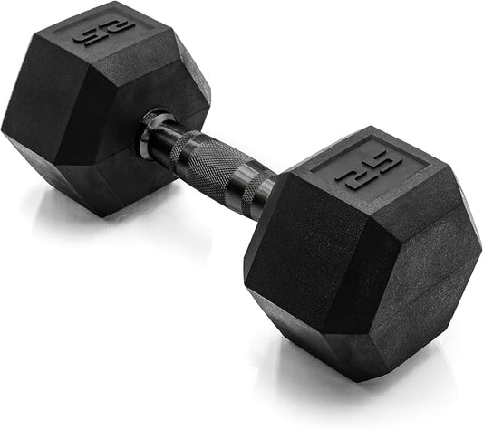 CAP Rubber Coated Dumbbell Weights, Free Weights for Home Gym Strength Training, Anti-Roll Hex Dumbbells with Black, Chrome & Comfort Grip Handles, Singles