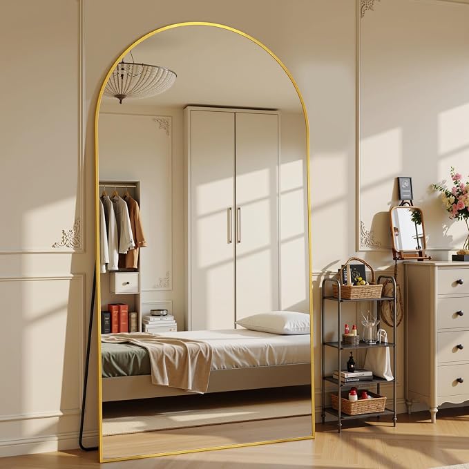 Suidia 78"x38" Arched Full Length Mirror with Stand, Full Body Mirror with Aluminum Frame, Freestanding/Leaning/Wall-Mounted, Floor Mirrors for Bedroom, Living Room, Entryway, Dressing Room, Gold