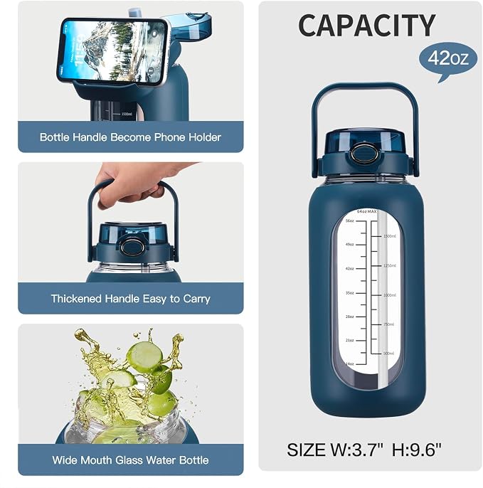 chunmo 42oz Glass Water Bolttles with Straw Half Gallon Large Motivational Water Bottle with Time Marker Sports Water Bottles with Silicone Sleeve and Handle Lid Water Jug for Gym Workout