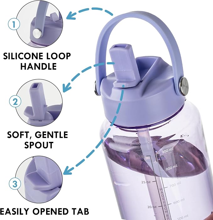 OLDLEY 32oz Water Bottle with Straw,Leakproof Tritan Clear Bottle with Marked Bottle and Carry Handle,BPA-Free Wide Mouth Reusable Sports Water Bottle for Gym,Hiking,Camping,Travel,Workout,Lilac Mist