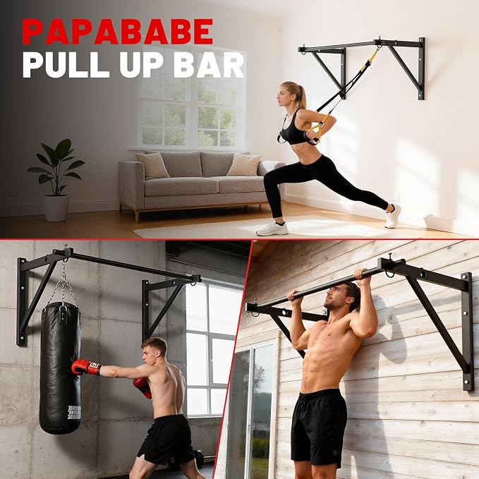 Wall Mounted Pull Up Bar, Chin Up Bar for Home Gym Strength Training | PAPABABE Sturdy Anti-Slip, Knurled Grip, Quick Install, Multi-Grip Versatile, Wall-Mounted Space-Saver 500 Weight Capacity