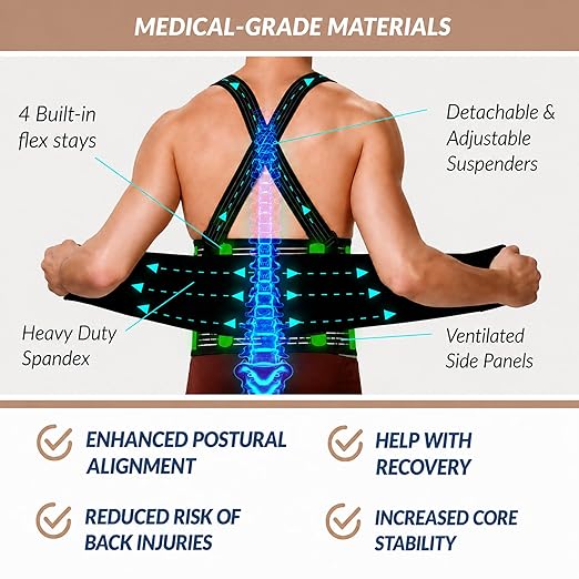 NeoTech Care Back Brace with Suspenders for Work - Industrial Lifting Safety, Elastic Compression, Hook & Loop Closure (Gray, Size S)