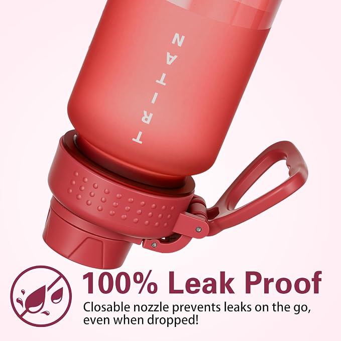 OLDLEY 32oz Water Bottle with Handle, BPA-Free Tritan Reusable Sports Water Bottle with Leak-Proof Dust Lid, Wide Mouth, Cup Holder Friendly, Half Frosted Clear Bottle for Gym,Travel, Work,Cherry Red