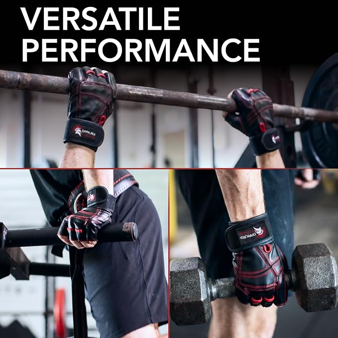 Dark Iron Fitness Genuine Leather Gym Gloves for Men Women, Wrist Wrap Support Workout Gloves for Weight Lifting Crossfit Deadlift Barbell Exercise Palm Padding Callus Protection Grips