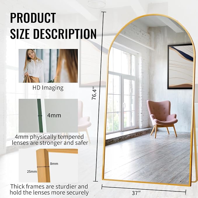 Beauty4U 76" x 37" Arched Full Length Mirror with Stand, Gold Floor Mirror | Large Standing, Leaning, or Wall-Mounted Tempered Full Body Mirror with Metal Frame for Bedroom, Closet, Modern Home Decor