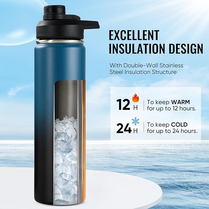 Fijinhom Insulated Water Bottle with Handle, 304 Stainless Steel Water Bottles with Wide Mouth, Double Wall Vacuum Sports Water Bottle, BPA Free, Keep Cold and Hot, 24 Ounces, Blue&Black