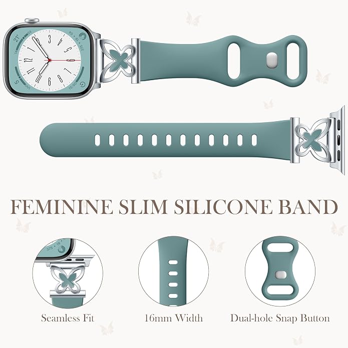 Lerobo Slim Silicone Band Compatible with Apple Watch Bands for Women | Dressy Metal Butterfly 16mm Thin Strap for iWatch Series 11 10 9 8 7 6 5 4 SE Ultra 38mm 40mm 41mm 42mm 44mm 45mm 46mm 49mm