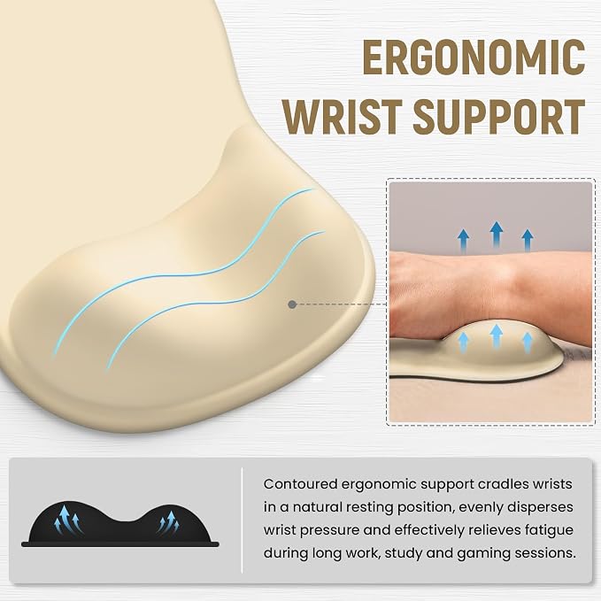 Ergonomic Mouse Pad with Wrist Rest, Gel Wrist Support, Beige | 10.2 x 7.6 in Mouse Pad with Smooth Fabric Surface and Non-Slip Rubber Base for Office, Home, Study, and Gaming