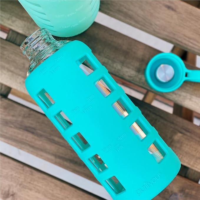 purifyou 40oz / 32oz / 22oz / 12oz Borosilicate Glass Water Bottle with Time & Volume Markers, Silicone Sleeve, Stainless Steel Lid | Reusable Glass Bottle for Water & Juice (22oz Aqua Blue)