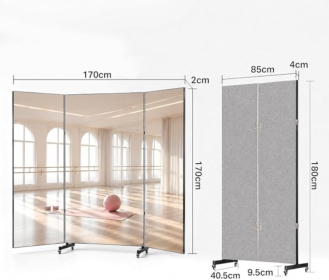 71”x67” Full Length 3-Way Glassless Rolling Mirror，Foldable Floor Standing | Trifold Nano Mirror with Wheels，Ultra-Light Mirror for Home Gym, Dance Studio, Space Saving, Black