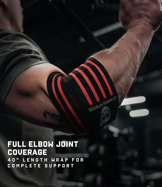 Gymreapers Weightlifting Elbow Wraps (1 Pair) - Flexible 40'' Elbow Compression Strap & Joint Support Brace - for Bench Press, Powerlifting, and Pressing
