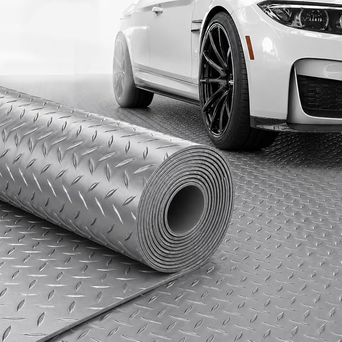 4x10 FT Garage Floor Mat, 2.8mm Thickened (Gray) | Diamond Plate PVC Rubber Flooring Roll Covering Non-Slip Floor Protector for Under Car Parking/Garage/Warehouse/Gyms/Trailer