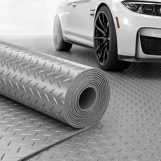 4x10 FT Garage Floor Mat, 2.8mm Thickened (Gray) | Diamond Plate PVC Rubber Flooring Roll Covering Non-Slip Floor Protector for Under Car Parking/Garage/Warehouse/Gyms/Trailer
