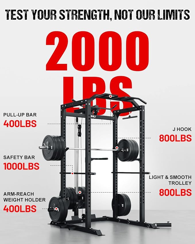 C1-V4 Power Cage, 2000LBS Squat Rack with LAT Pulldown, Multi-Function Weight Cage Strength Training Machine, Workout Cage with More Attachments for Home Gym Garage