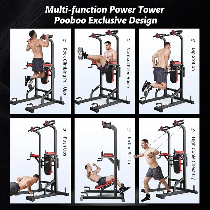Pull Up Bar Power Tower Dip Station, 450LB Adjustable Home Gym Equipment | 11-height adjustment supports pull ups, dips, knee raises, push ups and versatile full-body strength training