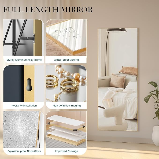 DUMOS 64"x21" Full Length Mirror, Full Body Mirror, Gold | Aluminum Alloy Thin Frame, Leaning or Hanging, Suitable for Bedroom, Livingroom, Cloakroom