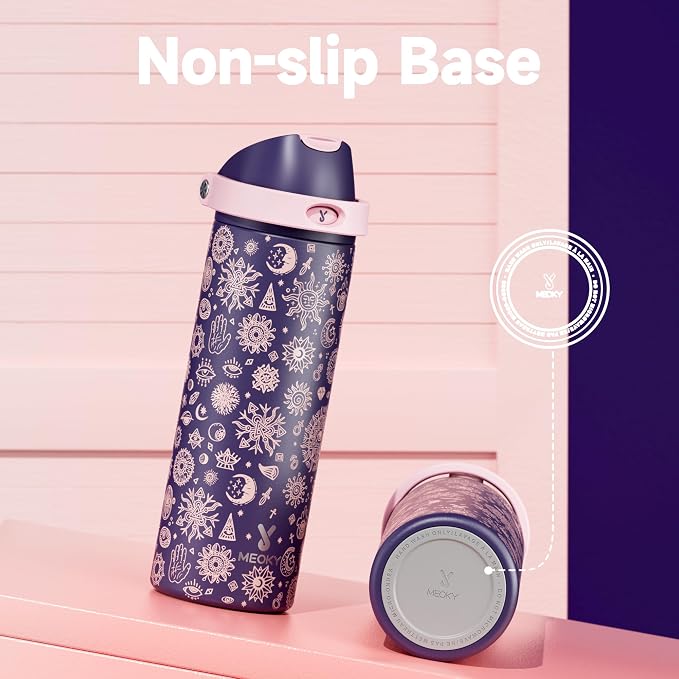 24 oz Insulated Water Bottle for Women: Meoky Stainless Steel Metal Water Bottle with 2-in-1 Straw and Spout Lid - Leak Proof, Cold for 24 Hours, Protective Silicone Base, BPA-Free for School, Arcana