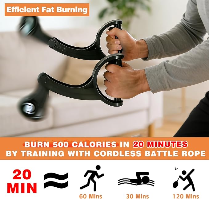 Cordless Battle Rope, Ropeless Battle Ropes for Home Gym, No Anchor Required, Quiet Tangle-Free Rotational Design for HIIT & Strength Training, Includes Workout Gloves for Men & Women