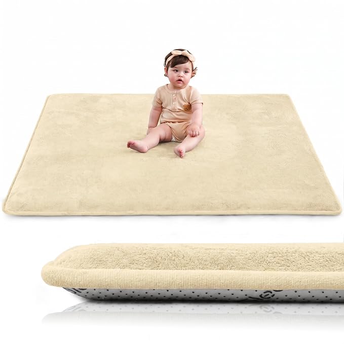 Huloo Sleep Baby Play Mat for Floor,1.3" Thick Elasti-Foam 50"×50" Playpen Mat for Tummy Time,Water Repellent Soft Coral Velvet for Toddler,Infant,Kids,Non-Slip Backing Safe for Crawling(Vanilla)