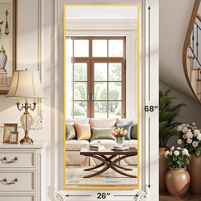OLIXIS Full Length Mirror for Bedroom, Full Body Mirror with Stand | 68"x26" Hanging or Leaning for Wall, Aluminum Alloy Thin Frame Floor Standing for Living Room, Long, Gold