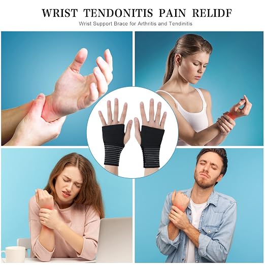AOOWU Wrist Brace, 2 Pack Elastic Wrist Support with Strap, Wrist Compression Wrap Adjustable Wrist Strap Relieves Wrist Pain, Tendonitis, Sports Use for Men and Women, Right & Lef(Black)