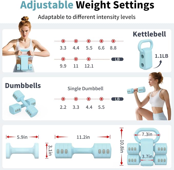 Hezeyferg Adjustable Dumbbell Set, 2-in-1 Hand Weights with Kettlebell Form | 4-Level 2.2-5.5lb Each, Dual-Button Locking, for Women Men Beginners Home Gym, Portable & Space-Efficient, Full Body Workout