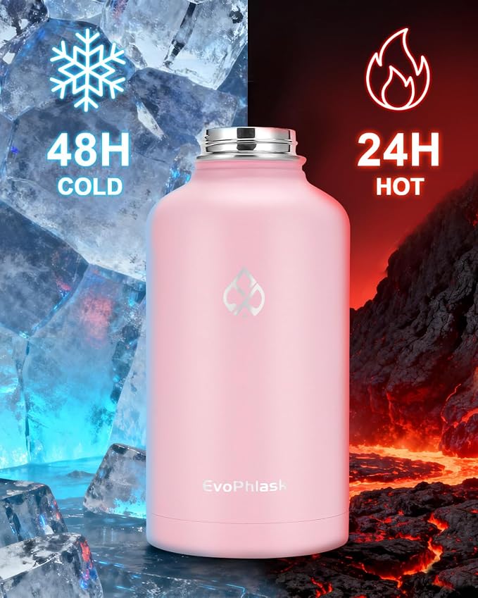 Insulated Water Bottle 64 oz with Carrier Bag, Pink | Stainless Steel, Vacuum Insulated Keep Cold 48 Hrs, Half Gallon Large Water Jug, For Travel, Sport, Gym, Hiking