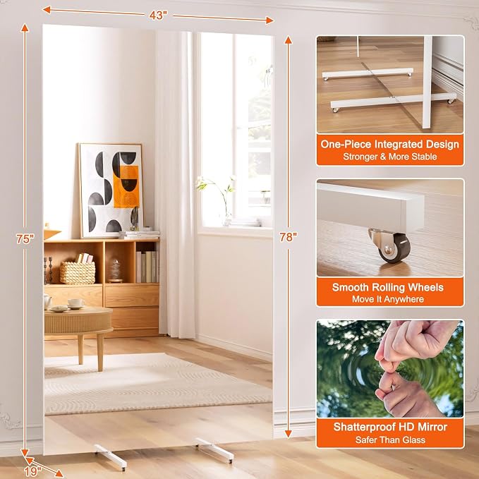 Rolling Full-Length Standing Mirror with Wheels, 75" x 43"Oversized Shatterproof Nano Material, No Assembly Required, Easy Move for Home Gym, Dance & Yoga Studio, White