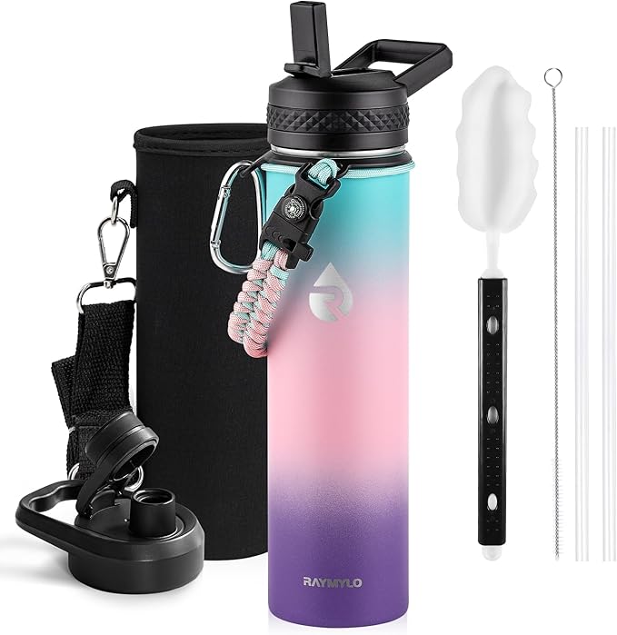 RAYMYLO Insulated Water Bottle 24 oz, Triple Wall Vacuum Stainless Steel | (Cold for 24Hrs, Hot for 12Hrs), Leak Proof & Non-BPA, Modern Water Flask Jug with Paracord Handle & Straw Spout Lids