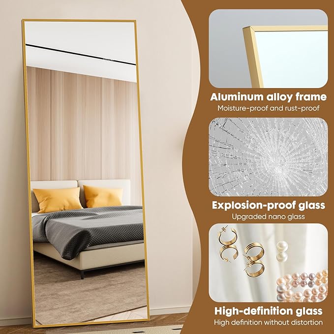 Gold Full Length Mirror XX-Large, 71x26 Standing Floor Mirror for Bedroom | Room Decor Accent for Outfit Checks with Big Mirror, Bedroom Accessories, Standing Mirror Wall and Home Decor Living Room