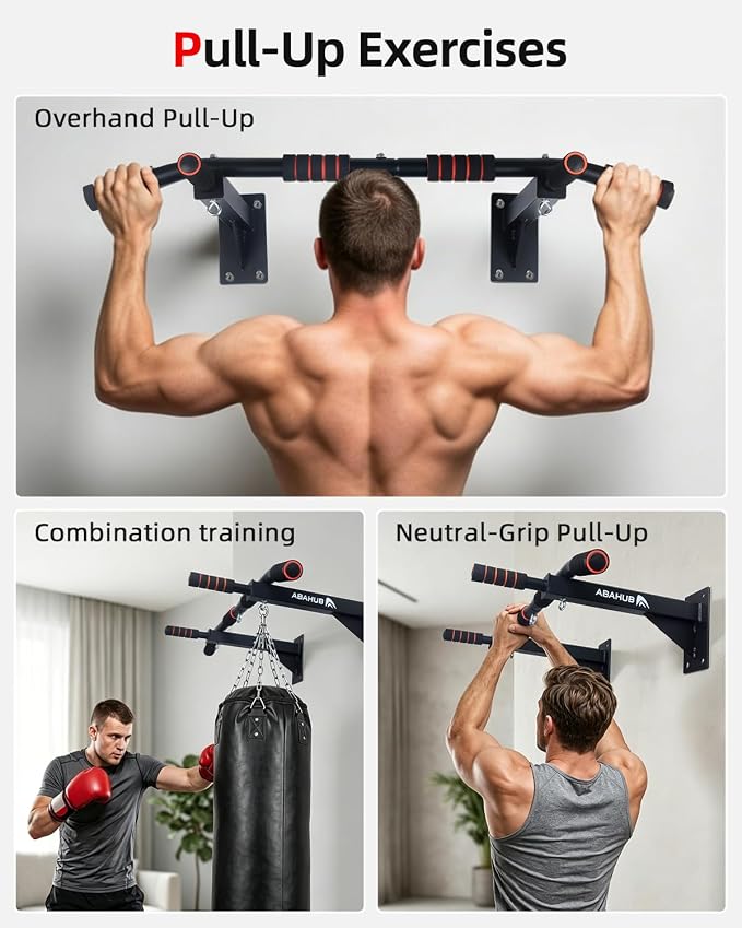 Abahub Wall Mounted Pull Up Bar,Multi-Grip Chin-Up Bar for Home Gym | Drill-installed, Heavy-Duty & Stable Training Bar with circular ring, Black-Red