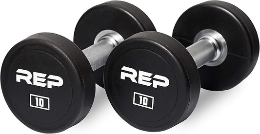 REP Fitness Urethane Coated Round Dumbbells, 5 to 100 lbs, Singles or Pairs, With or Without Rack, Steel Core, Rubber Encased, Chrome Handles, Professional Weights for Home Gym Strength Training