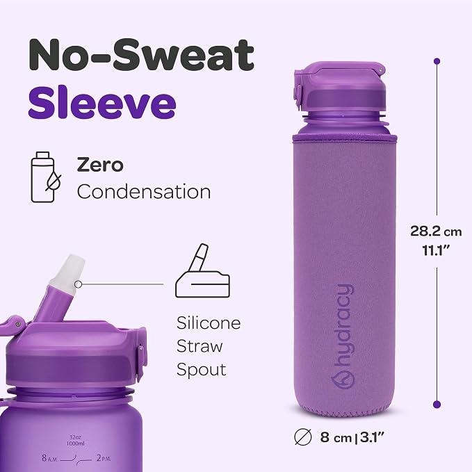 Hydracy Motivational Water Bottle with Time Marker and Straw Lid 32 oz | Leakproof,BPA Free,No Sweat Neoprene Sleeve,Carry Strap,Daily Intake Tracking for Fitness & Outdoors
