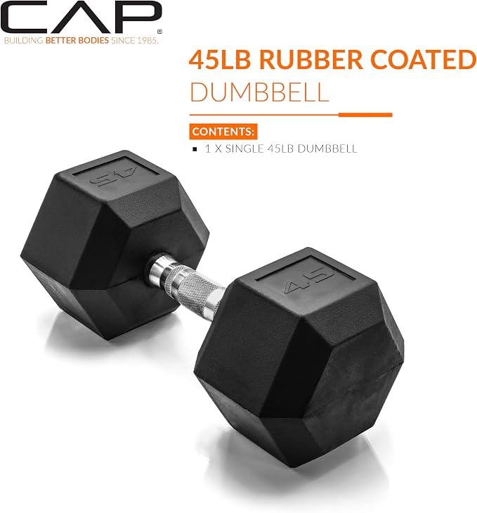 CAP Rubber Coated Dumbbell Weights, Free Weights for Home Gym Strength Training, Anti-Roll Hex Dumbbells with Black, Chrome & Comfort Grip Handles, Singles