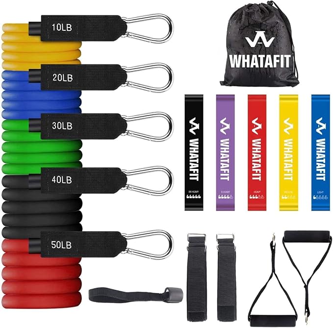 WHATAFIT Resistance Bands with Handles, 5-Level Exercise Bands for Workout | Natural latex,10-50 lbs, stackable to 150,Ankle Straps, Door Anchor,Guide. For Strength, Yoga,Home Gym,Travel & Workout.