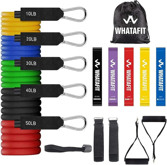WHATAFIT Resistance Bands with Handles, 5-Level Exercise Bands for Workout | Natural latex,10-50 lbs, stackable to 150,Ankle Straps, Door Anchor,Guide. For Strength, Yoga,Home Gym,Travel & Workout.