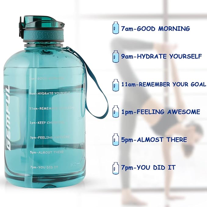 GEMFUL 100oz Big Water Bottle with Straw 3000ml Large Sport Jug (Cyan) | BPA Free, Leak-proof, Time Marker, Wide Mouth for Easy to Clean, Sturdy Handle for Carry, for Gym, Home, Office, Outdoor