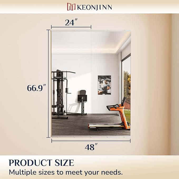 Keonjinn Home Gym Mirror, 67" x 24" - 2PCS Workout Mirrors for Home Gym, Frameless Tempered Glass, Full Body Wall Mirrors for Fitness Exercise, Yoga Room, Dance Studio, Bedroom, Garage