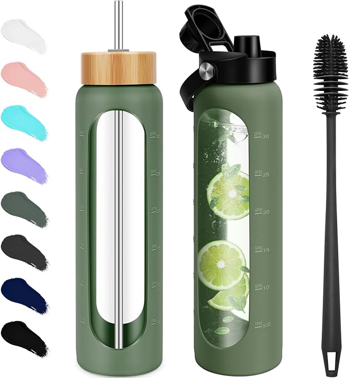 FULBEVY 25 oz Glass Water Bottle with Time Marker, 2 Lids & Silicone Sleeve