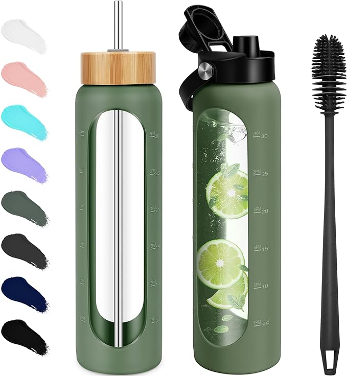 FULBEVY 32 oz Glass Water Bottles - 1 Liter Motivational Tumbler Water Bottle Time Marker - Borosilicate Glass Water Bottle With Silicone Sleeve and 2 Lids, Handle Spout & Bamboo Straw Lid (Olive)