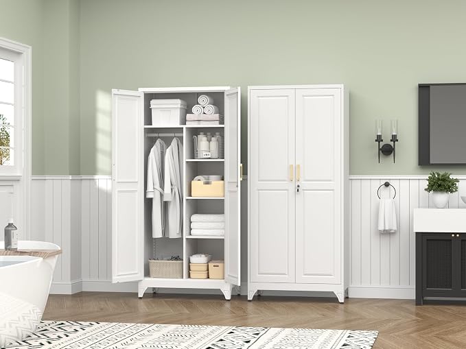 Polup 71" Tall Metal Armoire Wardrobe Closet with Doors and Lock | Wardrobe Cabinet, Hanging Rod, 3 Adjustable Shelves, Steel Clothing Storage Cabinet for Bedroom, Office, Employee, Gym, White