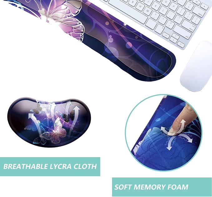 Keyboard Wrist Rest Mouse Wrist Support Set, Memory Foam Wrist Rest Pad for Computer Laptop Keyboard Mouse, Ergonomic Wrist Cushion Support for Typing Pain Relief, Gaming Home Office, Butterfly