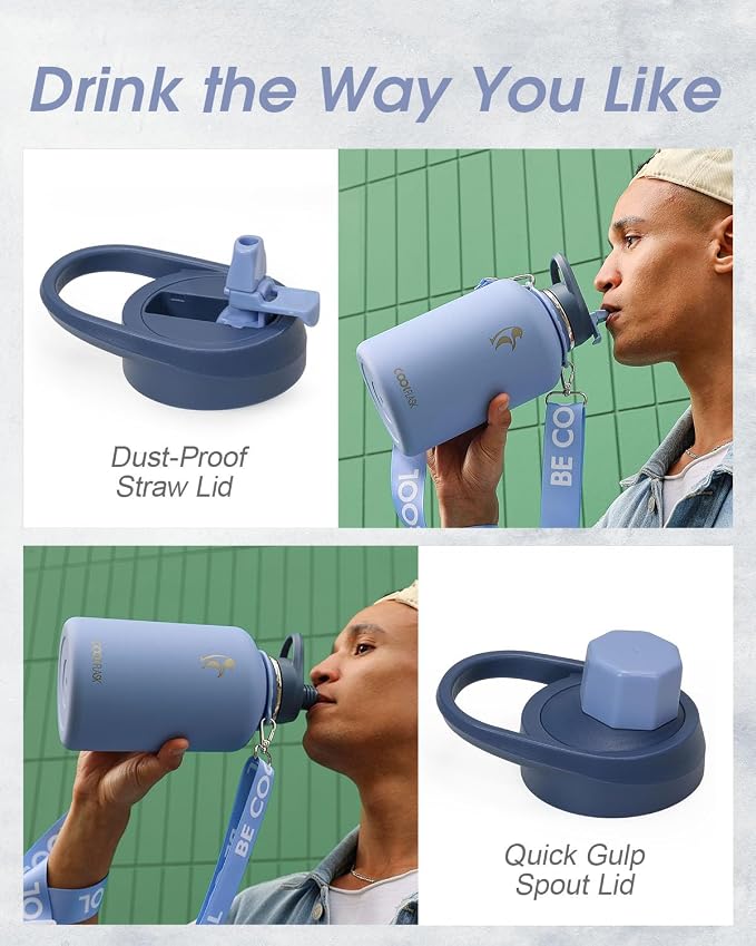 Coolflask Half Gallon Water Bottle Insulated Stainless Steel with Strap | 64 oz Large Water Jug with Straw & Spout Lids,Triple-Wall, Cold 48+h,Dishwasher Safe, Leakproof, BPA-Free,for Gym & Hiking