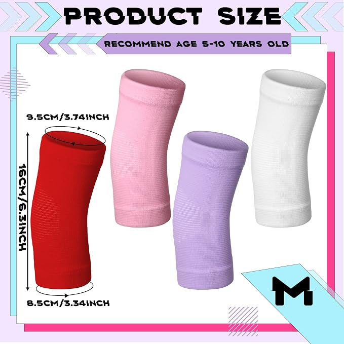 Lenwen 4 Pairs Kids Elbow Brace Compression Arm Elbow Sleeve Knit Guard Gym Protectors for Boys Teen Children Girls Basketball Volleyball Tennis Cycling(5-10 Years,Light Pink, Red, White, Purple)