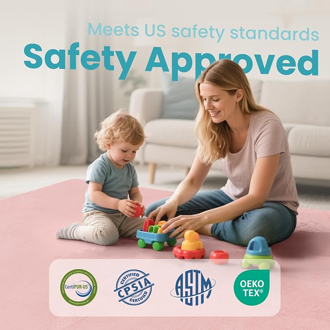 Huloo Sleep Baby Play Mat for Floor,50"×65" Playpen Mat for Toddler,Infant,Kids,1.3" Thick Elasti Foam Non-Slip Nursery Rug,Water Repellent Soft Padded Floor Mats for Tummy Time,Crawling(Pink)