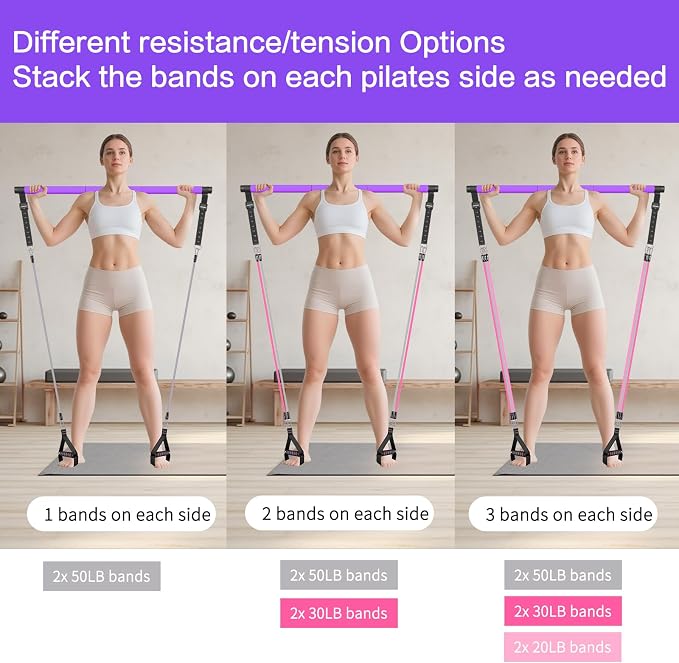 Bbtops Pilates Bar Kit with Resistance Bands,Pilates Bar with Stackable Bands Workout Equipment for Legs,Hip,Waist and Arm,Exercise Fitness Equipment for Women & Men Home Gym Yoga Pilates